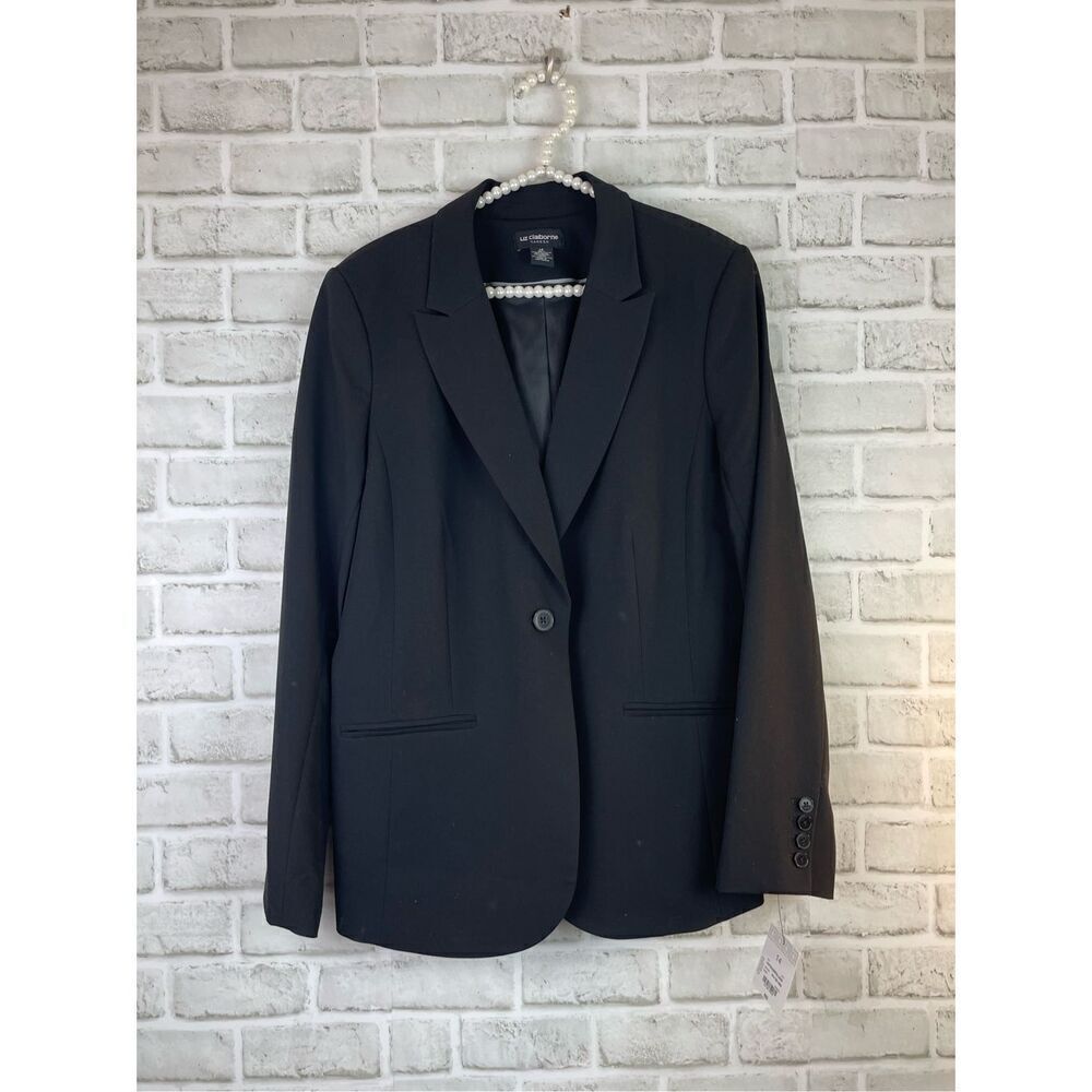 New Liz Claiborne Career Black Blazer One Button Size 14 Classic Staple Jacket